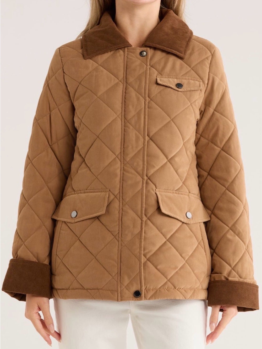 Lucky Brand Hunting Diamond Quilted Faux Suede Jacket Corduroy Trim Camel XS NEW